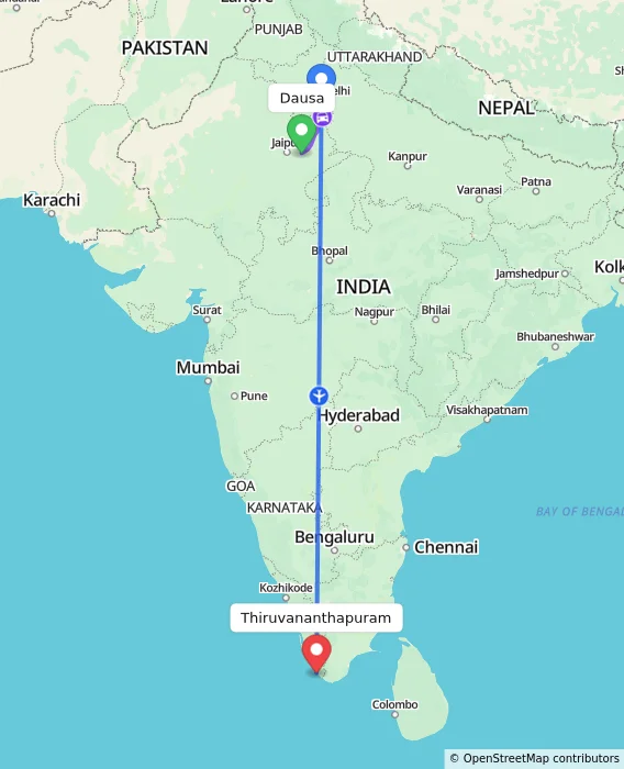 Route map showing distance and travel time from Dausa, India to Thiruvananthapuram, India