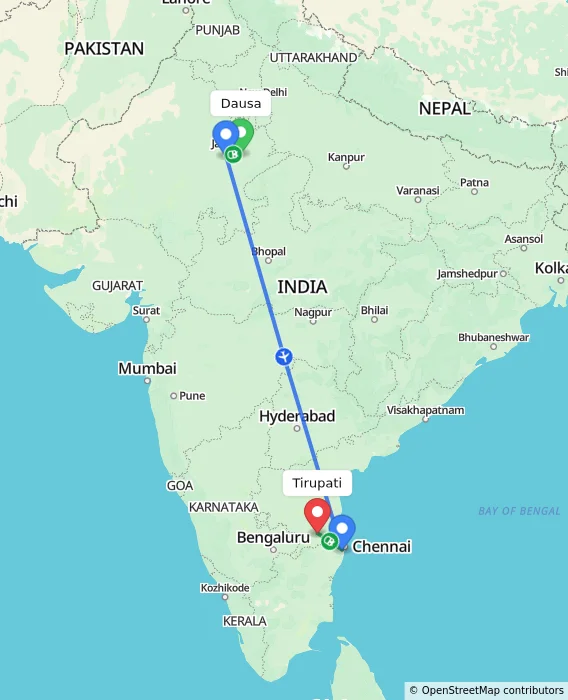 Route map showing distance and travel time from Dausa, India to Tirupati, India