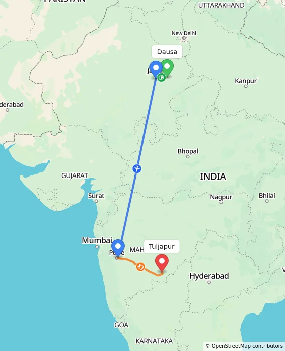 Route map showing distance and travel time from Dausa, India to Tuljapur, India