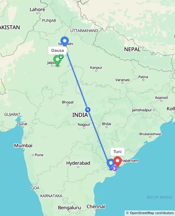 Route map showing distance and travel time from Dausa, India to Tuni, India