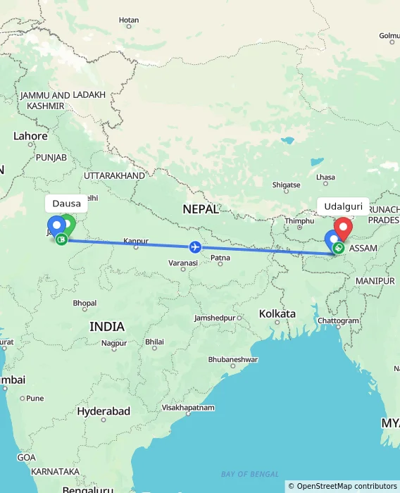 Route map showing distance and travel time from Dausa, India to Udalguri, India