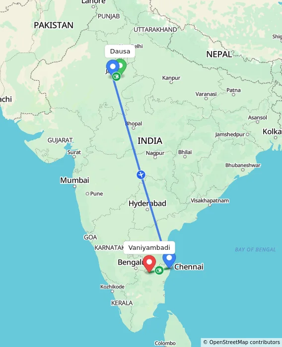 Route map showing distance and travel time from Dausa, India to Vaniyambadi, India