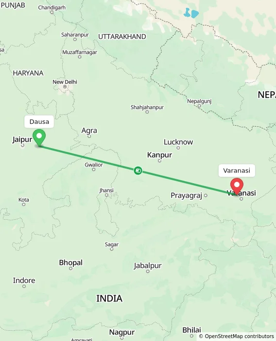 Route map showing distance and travel time from Dausa, India to Varanasi, India