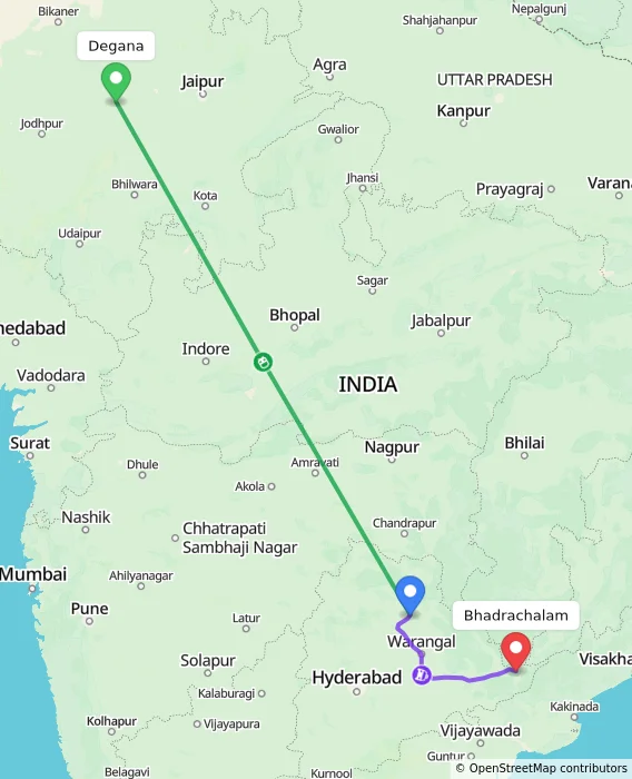 Route map showing distance and travel time from Degana, India to Bhadrachalam, India