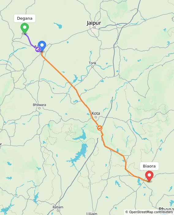 Route map showing distance and travel time from Degana, India to Biaora, India