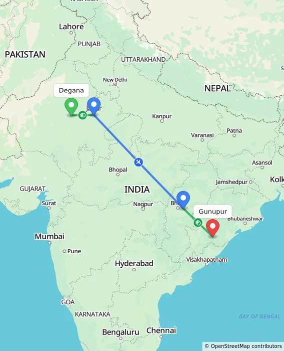 Route map showing distance and travel time from Degana, India to Gunupur, India