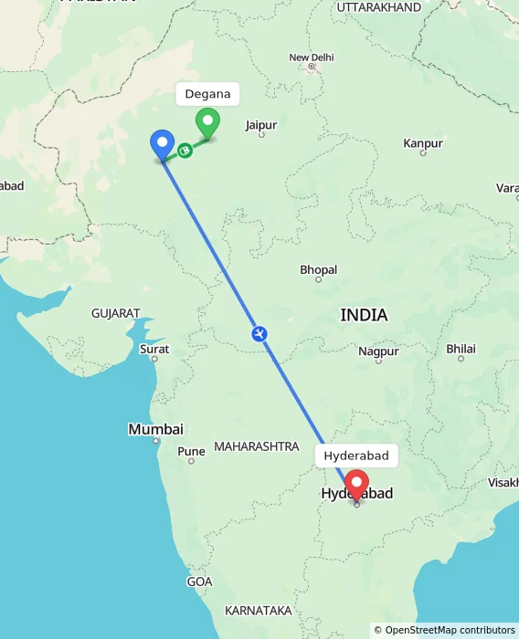Route map showing distance and travel time from Degana, India to Hyderabad, India