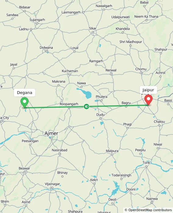 Route map showing distance and travel time from Degana, India to Jaipur, India
