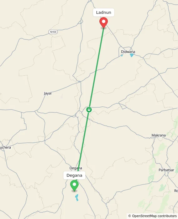 Route map showing distance and travel time from Degana, India to Ladnun, India