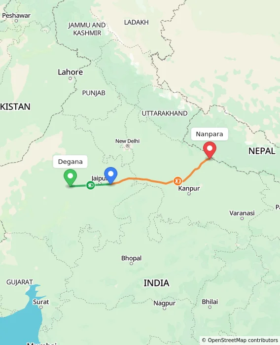 Route map showing distance and travel time from Degana, India to Nanpara, India