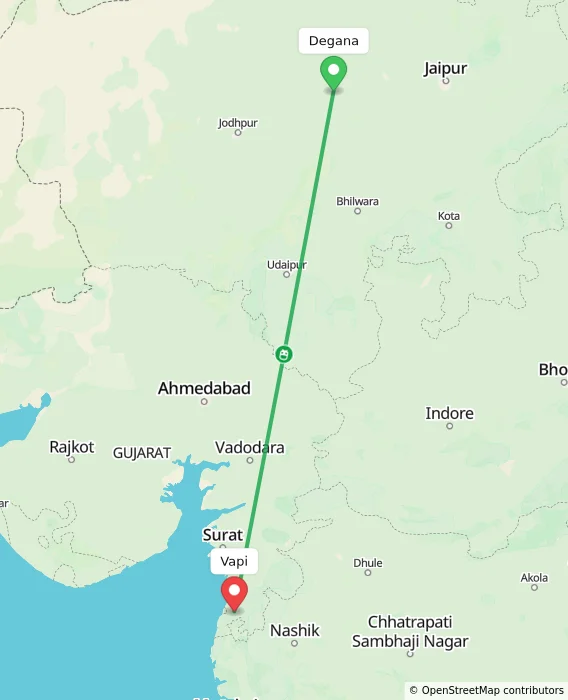 Route map showing distance and travel time from Degana, India to Vapi, India