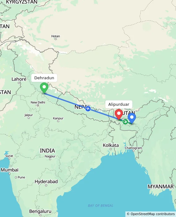 Route map showing distance and travel time from Dehradun, India to Alipurduar, India