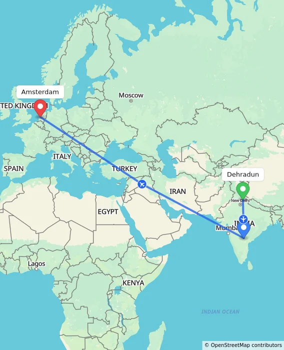 Route map showing distance and travel time from Dehradun, India to Amsterdam, Netherlands