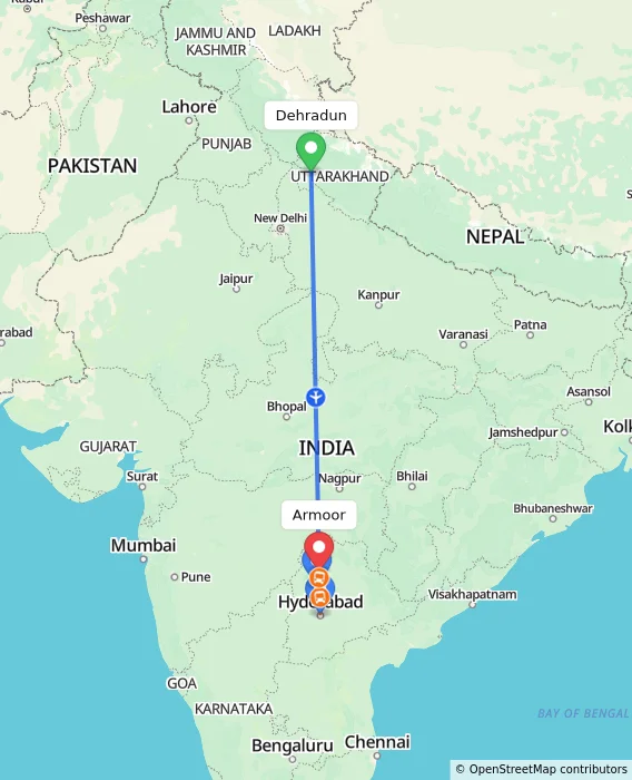 Route map showing distance and travel time from Dehradun, India to Armoor, India