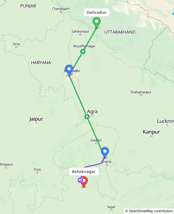 Route map showing distance and travel time from Dehradun, India to Ashoknagar, India