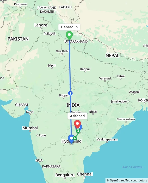 Route map showing distance and travel time from Dehradun, India to Asifabad, India