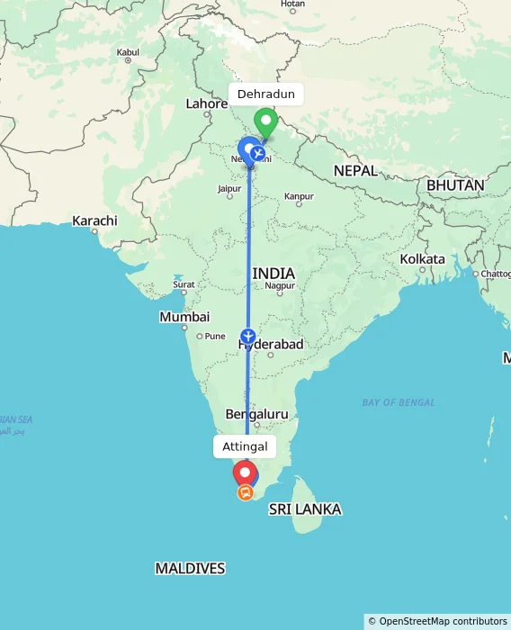 Route map showing distance and travel time from Dehradun, India to Attingal, India