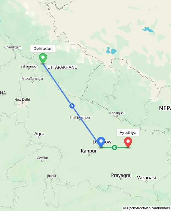 Route map showing distance and travel time from Dehradun, India to Ayodhya, India