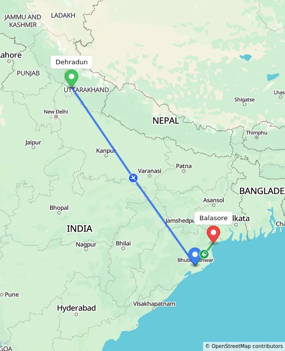 Route map showing distance and travel time from Dehradun, India to Balasore, India