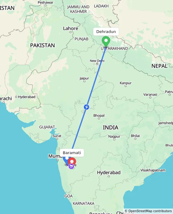 Route map showing distance and travel time from Dehradun, India to Baramati, India