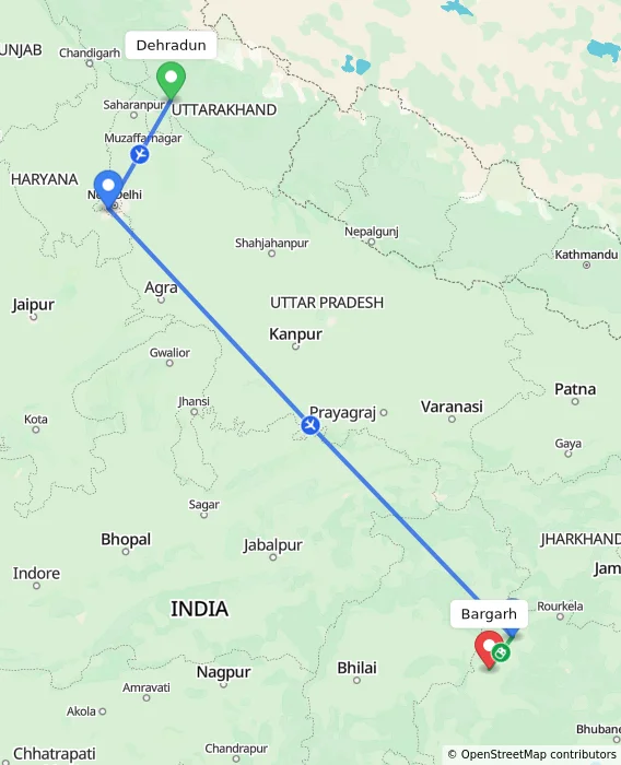 Route map showing distance and travel time from Dehradun, India to Bargarh, India