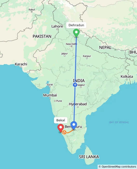 Route map showing distance and travel time from Dehradun, India to Bekal, India