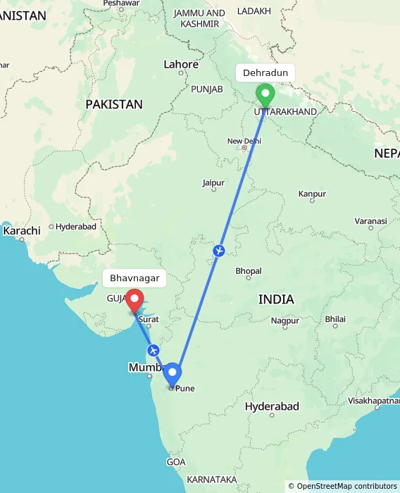 Route map showing distance and travel time from Dehradun, India to Bhavnagar, India