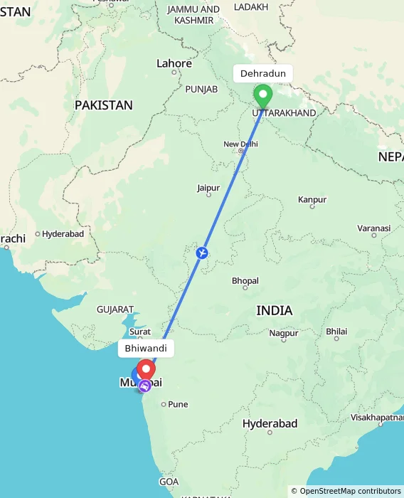 Route map showing distance and travel time from Dehradun, India to Bhiwandi, India