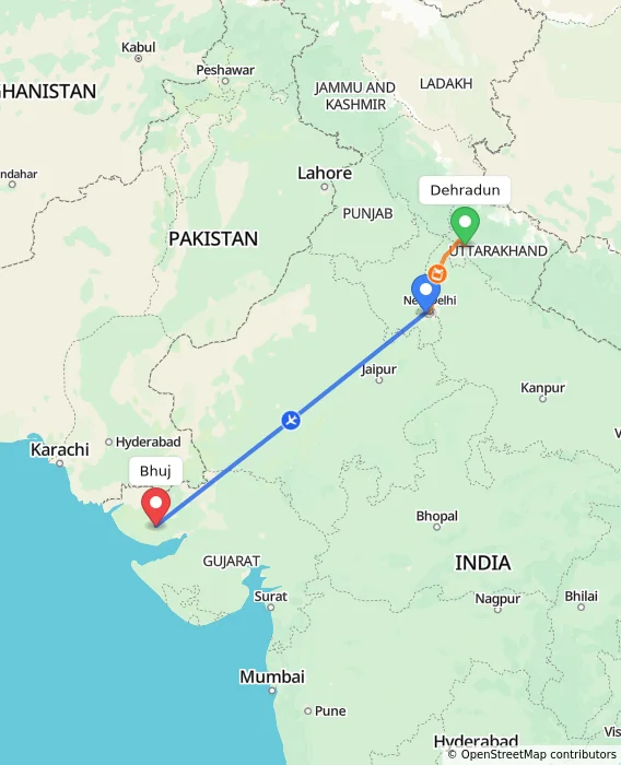 Route map showing distance and travel time from Dehradun, India to Bhuj, India