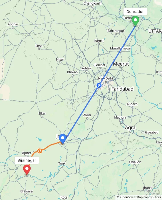 Route map showing distance and travel time from Dehradun, India to Bijainagar, India