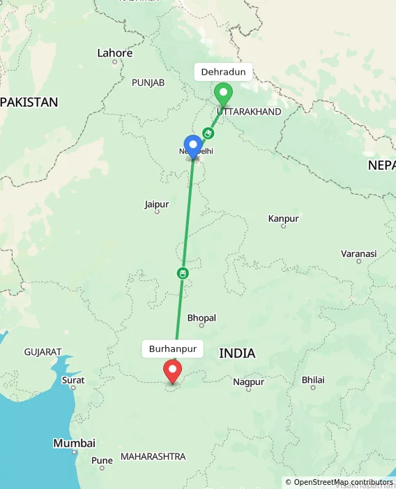 Route map showing distance and travel time from Dehradun, India to Burhanpur, India