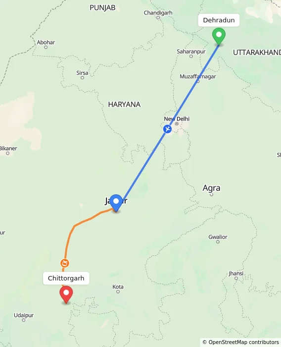 Route map showing distance and travel time from Dehradun, India to Chittorgarh, India