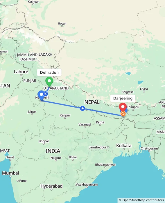 Route map showing distance and travel time from Dehradun, India to Darjeeling, India