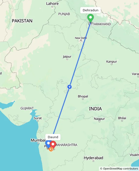 Route map showing distance and travel time from Dehradun, India to Daund, India