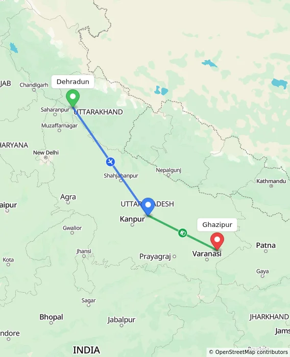Route map showing distance and travel time from Dehradun, India to Ghazipur, India