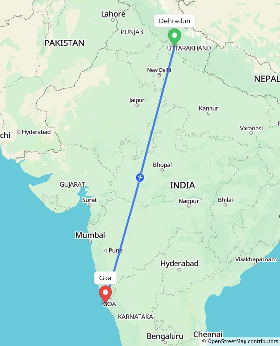 Route map showing distance and travel time from Dehradun, India to Goa, India