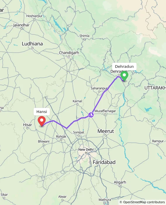 Route map showing distance and travel time from Dehradun, India to Hansi, India