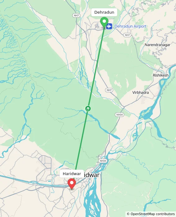 Route map showing distance and travel time from Dehradun, India to Haridwar, India