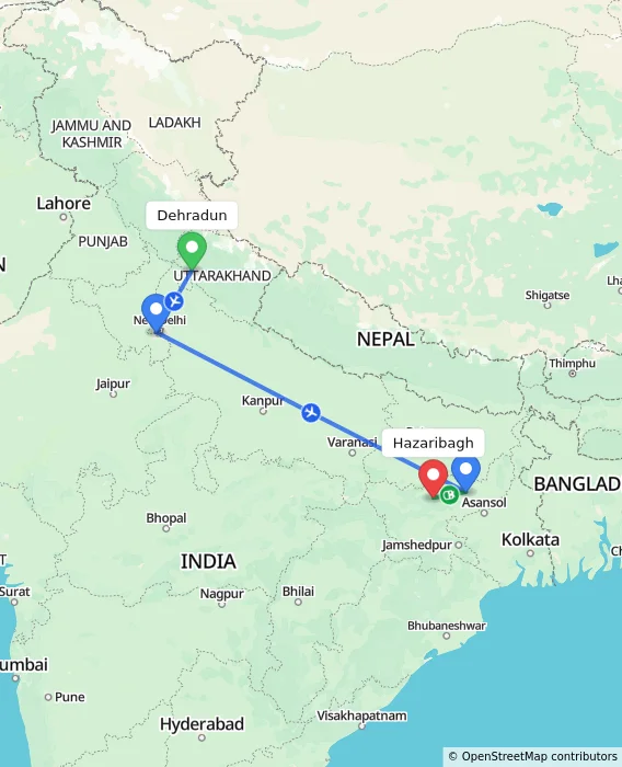 Route map showing distance and travel time from Dehradun, India to Hazaribagh, India