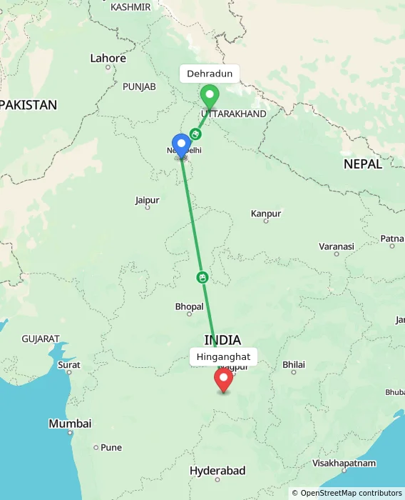 Route map showing distance and travel time from Dehradun, India to Hinganghat, India
