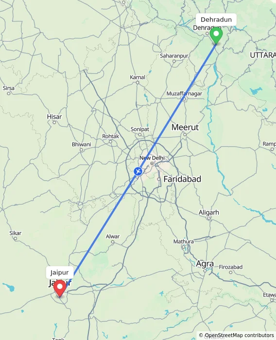 Route map showing distance and travel time from Dehradun, India to Jaipur, India