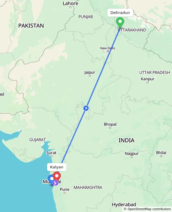 Route map showing distance and travel time from Dehradun, India to Kalyan, India