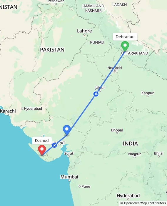 Route map showing distance and travel time from Dehradun, India to Keshod, India