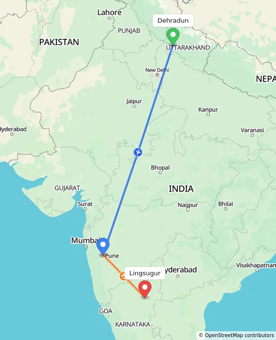 Route map showing distance and travel time from Dehradun, India to Lingsugur, India