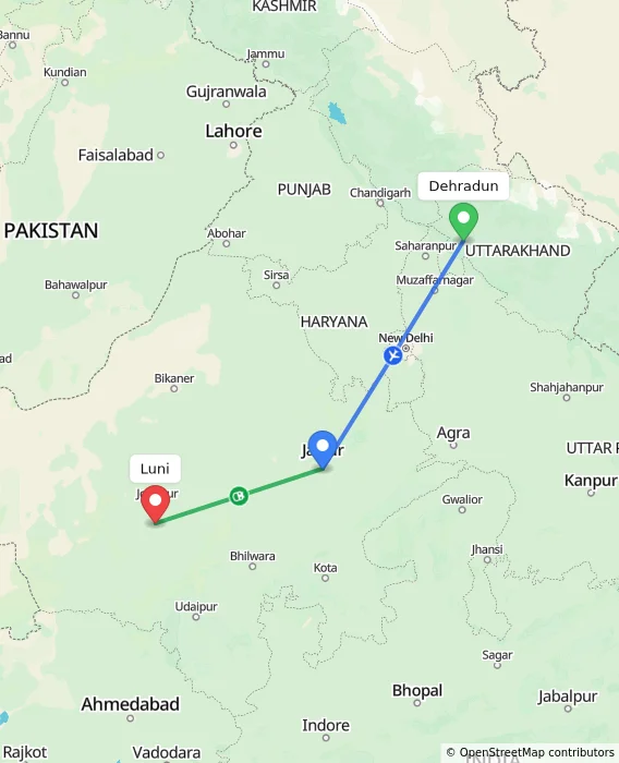 Route map showing distance and travel time from Dehradun, India to Luni, India