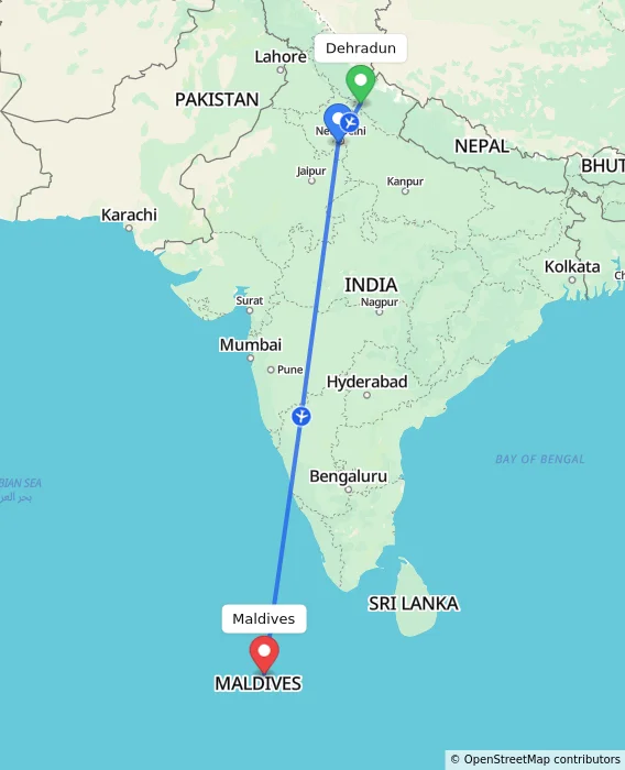 Route map showing distance and travel time from Dehradun, India to Maldives, Maldives
