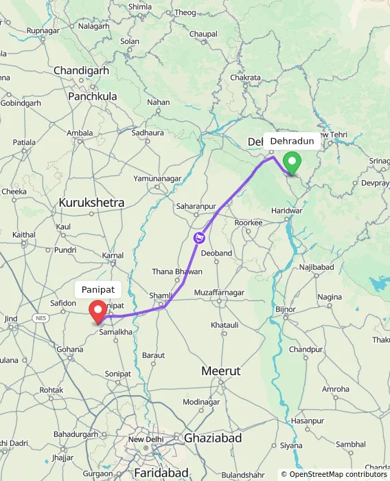 Route map showing distance and travel time from Dehradun, India to Panipat, India