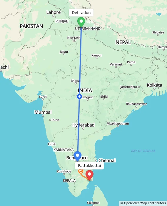 Route map showing distance and travel time from Dehradun, India to Pattukkottai, India