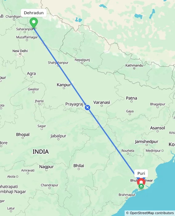 Route map showing distance and travel time from Dehradun, India to Puri, India