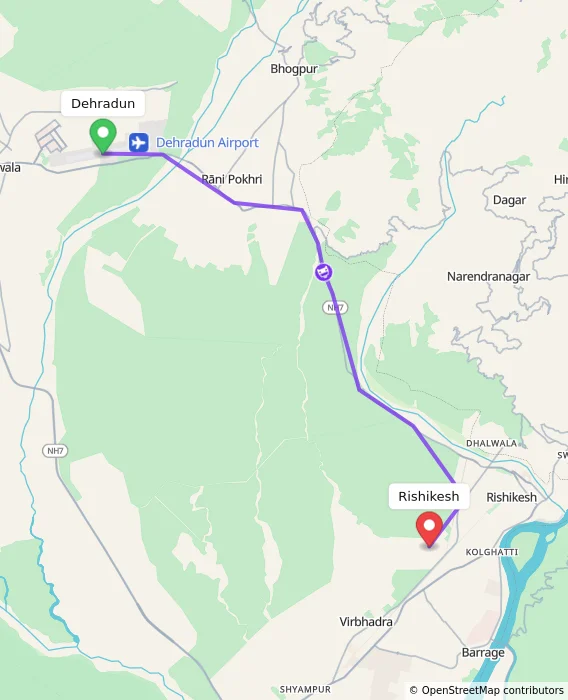 Route map showing distance and travel time from Dehradun, India to Rishikesh, India